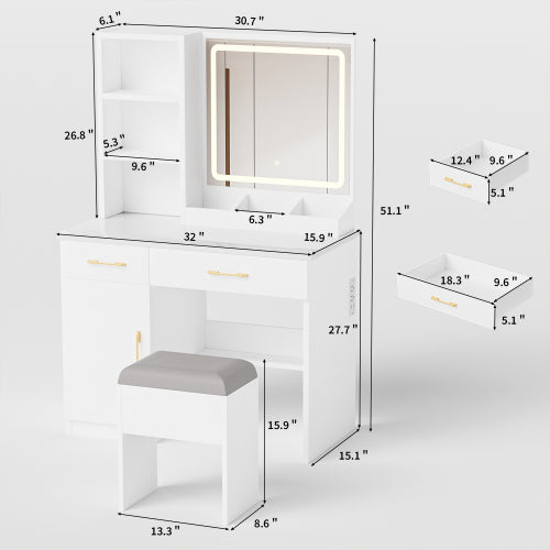 White Vanity Desk with Mirror & Lights, Power Outlet, 3 Lighting Modes, Cabinet Drawers, Shelves & Storage Stool
