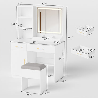 White Vanity Desk with Mirror & Lights, Power Outlet, 3 Lighting Modes, Cabinet Drawers, Shelves & Storage Stool