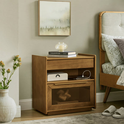 Mid Century Modern Nightstand with Charging Station & Outlet Hole & 2 Drawers, Farmhouse End Table with Open Shelf & Glass Drawer Dresser, Side Cabinet for Living Room Reception Room Dorm-Light Walnut