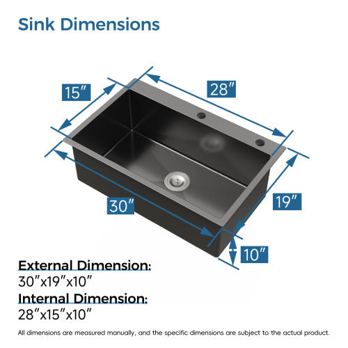 Stainless Steel Kitchen Sink, 30″x19″ Single Bowl, Overmount Handmade Sink in Black, with US Standard Drain and Hook