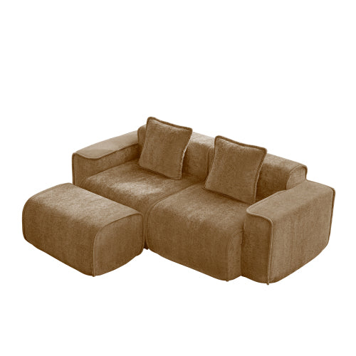 Brown Velvet 2-Seat L-Shape Modular Boneless Sofa, Ottoman & Pillows