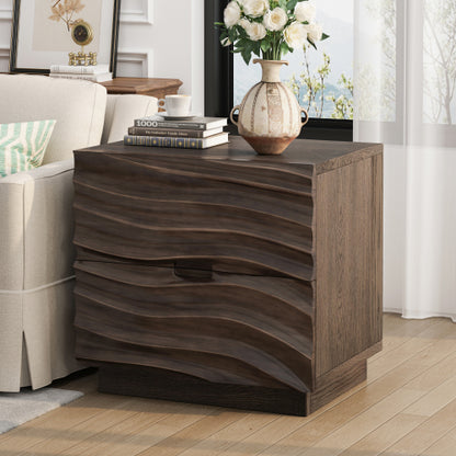 Brown Solid Wood 2-Drawer Nightstand, Curved Handle-Free Bedside End Table