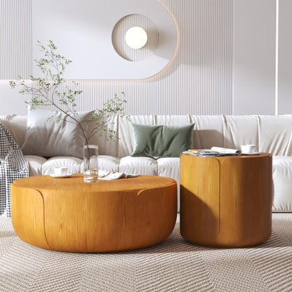 Round Outdoor Indoor Coffee Table Set, Modern Wood Grain Drum Center Table Set, Sturdy MGO (Magnesium Oxide) Waterproof, No-Assembly Table for Patio, Garden, Backyard, Living Room,Wood Color(Set of 2)