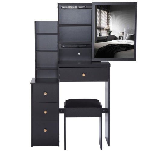 White 29.2 inch  Small Space Left Bedside Cabinet Vanity Table + Cushioned Stool, Extra Large Right Sliding Mirror