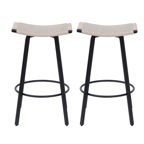 Counter Height Bar Stools Backless Handwoven Kitchen Dining Chairs with Round Footrest Set of 2 PVC Weaving Pub Stool for Indoor & Outdoor (Black & Creamy White)