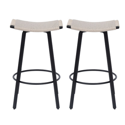 Counter Height Bar Stools Backless Handwoven Kitchen Dining Chairs with Round Footrest Set of 2 PVC Weaving Pub Stool for Indoor & Outdoor (Black & Creamy White)
