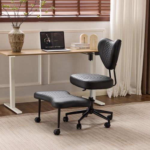 Upgraded Ergonomic Cross Legged Swivel Chair, Adjustable Height and PU Leather, Meditation& ADHA Chair with Back Support, Home and Office,Yoga Chair, Black