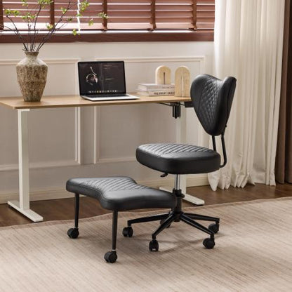 Upgraded Ergonomic Cross Legged Swivel Chair, Adjustable Height and PU Leather, Meditation& ADHA Chair with Back Support, Home and Office,Yoga Chair, Black