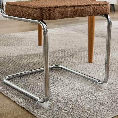 Set of 2 Coffee Cane Back Cantilever Dining Chairs, Linen Upholstered Chrome Double Steel Pipe Base 360 LBS Capacity
