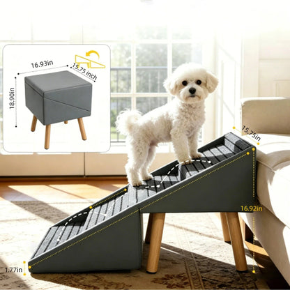Grey 2-in-1 Foldable 4-Step Dog Ramp Ottoman 19.69 inch, Foldable Footstool for Small Dogs