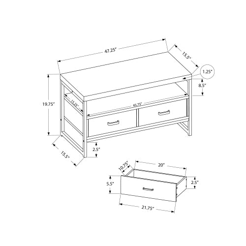 48 Inch Grey Wood Grain TV Stand with Black Metal Frame Dual Open Layers & 2 Drawers
