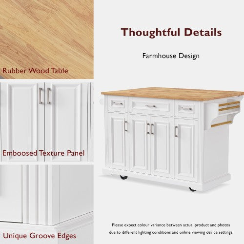 54 Inch Rolling Kitchen Island with Drop Leaf Drawers & Wheels White