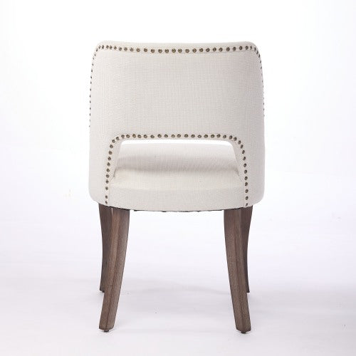 Set of 2 Beige Hollow Curved Enveloping Back Fabric Dining Chairs, Handmade Copper Nail Curved Solid Wood Legs