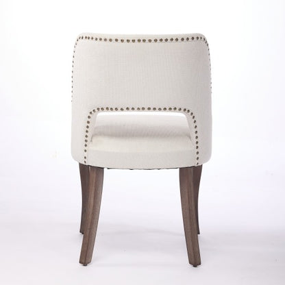 Set of 2 Beige Hollow Curved Enveloping Back Fabric Dining Chairs, Handmade Copper Nail Curved Solid Wood Legs