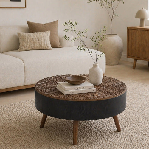 31.5 Inch Round Carved Coffee Table, Brown & Black