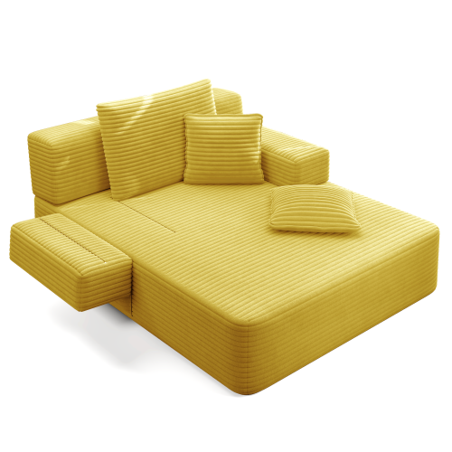 Oversized Yellow Corduroy Convertible Sofa Bed w/Storage Pockets
