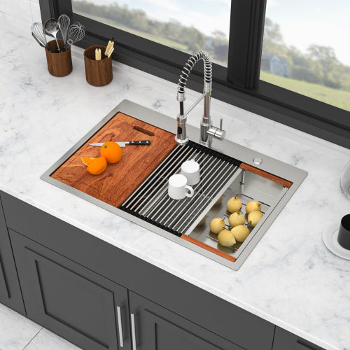 Topmount Drop in Kitchen Sink - 33" x 22" x 10" Double Bowl (50/50) Kitchen Sink 16 Gauge with Two 10" Deep Basin, Brushed Nickel