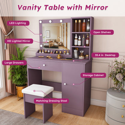 Purple Vanity Desk Set with Padded Stool & Adjustable Lighted Mirror, 8 Round Bulbs, 3 Color Modes, Modern Bedroom