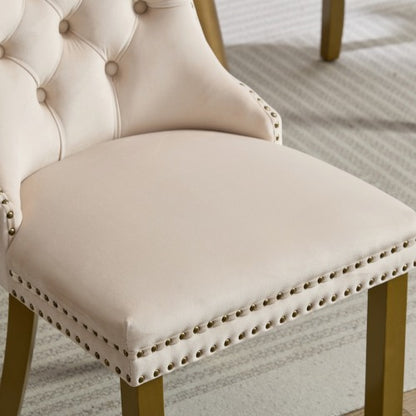 Mid-Century Modern Velvet Dining Chairs Set of 2 with Lion Head Pull Ring, Tufted Upholstered Chair, Beige