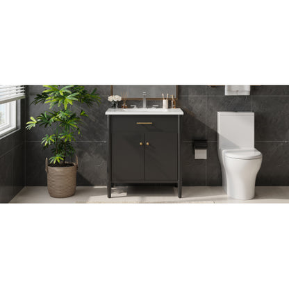 31" Bathroom Vanity with Sink, Bathroom Cabinet with Soft Close Doors and Adjustable Shelf, Curved Profile Design, Rubber Wood Legs, Black