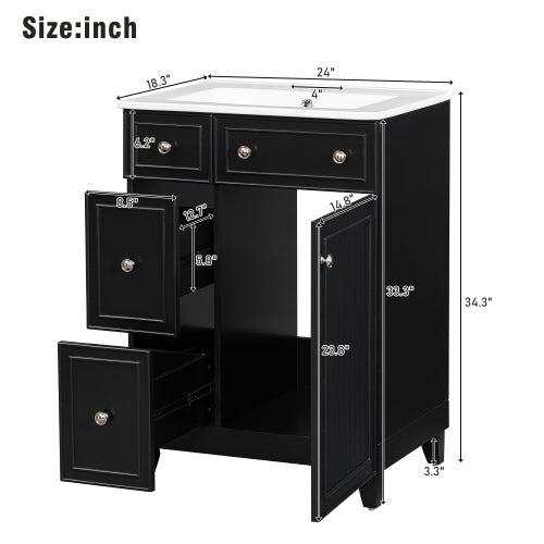 24-Inch Bathroom Vanity Cabinet with Ceramic Sink, 2 Drawers, 1 Door