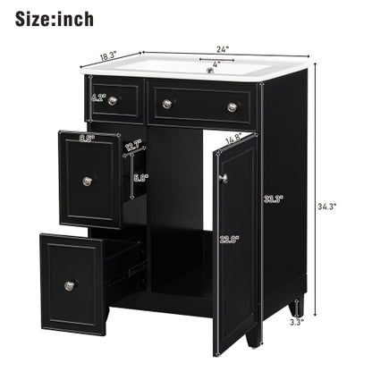 24-Inch Bathroom Vanity Cabinet with Ceramic Sink, 2 Drawers, 1 Door