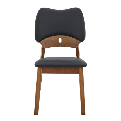 Set of 2 Walnut Wood Dining Chairs, Black PU Upholstered Hollow Back Modern Kitchen Chairs