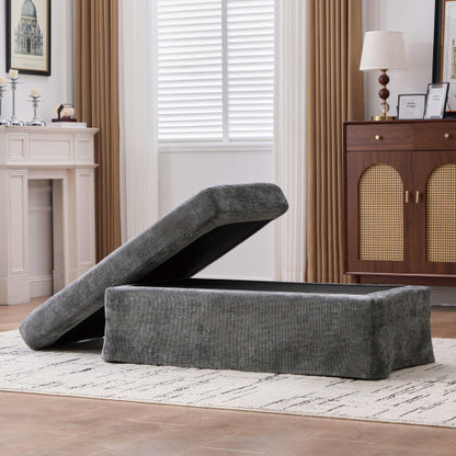 46 inch Charcoal Chenille Upholstered Ottoman with Black Metal Legs, 500 LBS Multiuse Footrest for Living Room Office