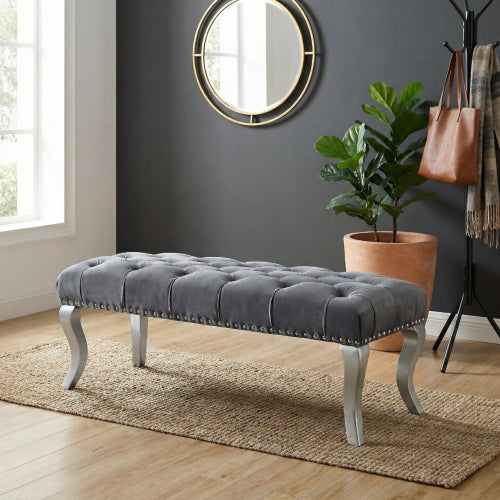 Decor Tufted Fabric Upholstered Bench Nailhead Trim , Gray