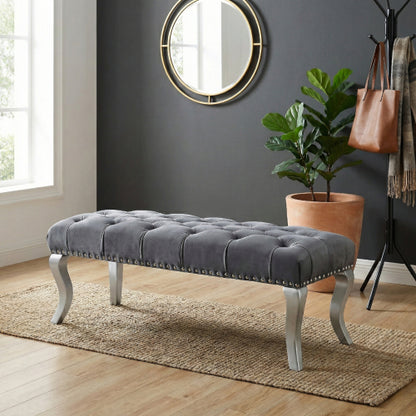 Decor Tufted Fabric Upholstered Bench Nailhead Trim , Gray