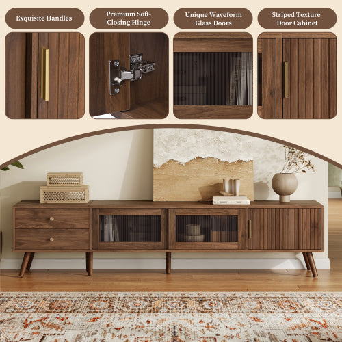 76.7 inch Natural Wood Wave Tempered Glass Door TV Stand Solid Wood Leg Media Console For 85 inch TV