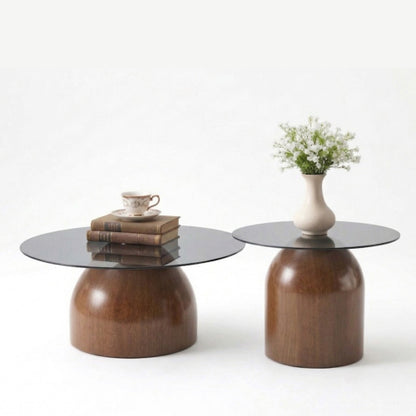 Set of 2 Walnut Nesting Glass Coffee Tables, Space-Saving Round Center Table
