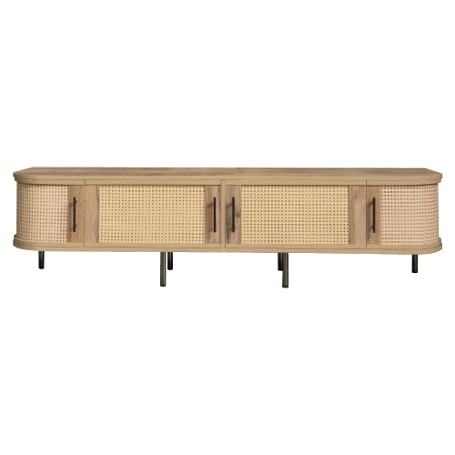 70.8 inch Natural Wood 4-Door PE Rattan TV Stand Iron Leg Media Console For 80 Inch TV
