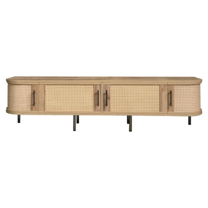 70.8 inch Natural Wood 4-Door PE Rattan TV Stand Iron Leg Media Console For 80 Inch TV