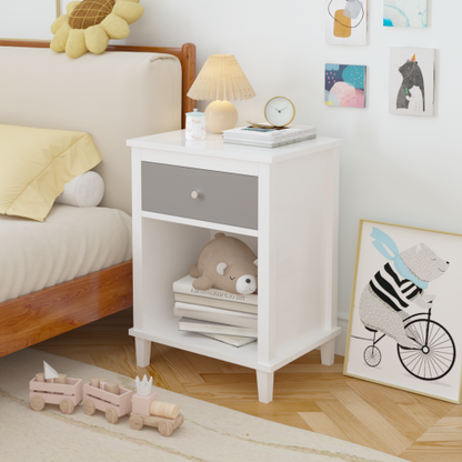 26.77''H Wooden Nightstand with One Drawer One Shelf for Kids, Adults,Gray+Silver handle