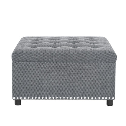 Storage Ottoman, Tufted Footstool, Nailhead Trim Ottoman, Square Storage Ottoman, Upholstered Coffee Table, Bedroom Storage, Living Room Accent, Light Gray Ottoman, Small Space Furniture, Home Decor.