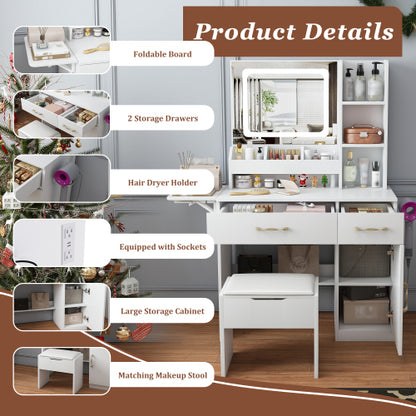 Vanity Desk with LED Mirror Lights and Power Outlet Charging Station, Makeup Dressing Table with 3 Drawers, 7 Shelves and Storage Stool, for Girls and Women (White)