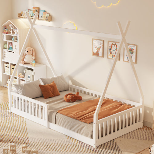 Twin Size Wood House Bed with Fence, White
