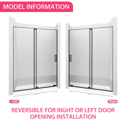 56-60" W x 72" H Semi-Frameless Sliding Shower Door, 5/16"(8mm) Clear SCGG Tempered Glass, Matte Black Finish, Cut Adjustable Width 4"