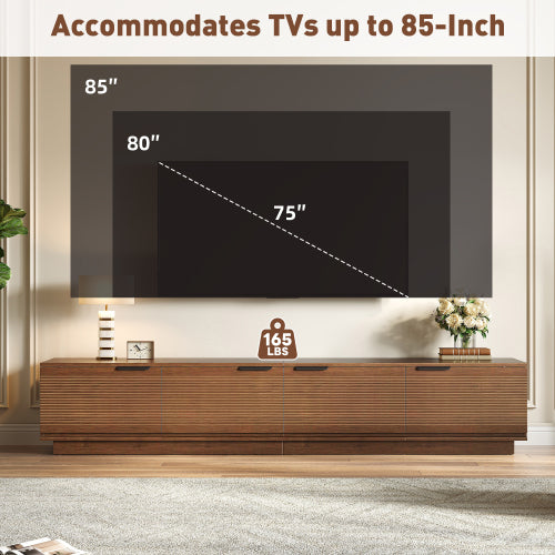 78.7 inch Walnut Sculpted Fluted Full Closed Legless TV Stand Media Console Fits Up To 85 inch TV