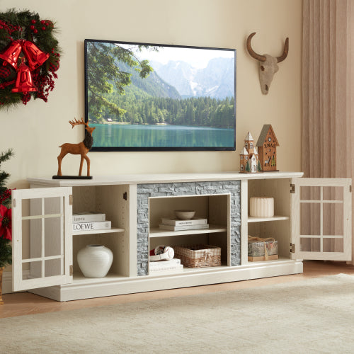 70 Inch White Faux Stone 2-Door TV Stand 4 Adjustable Shelves 6 Cable Holes Media Cabinet for 75 Inch TV