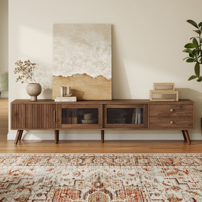 76 Inch Modern TV Stand with Glass Doors Wood Grain Media Console