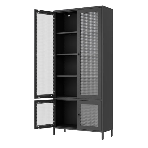 Black Waffle Tempered Glass Door Metal Display Cabinet Multi-layer Home Storage Rack