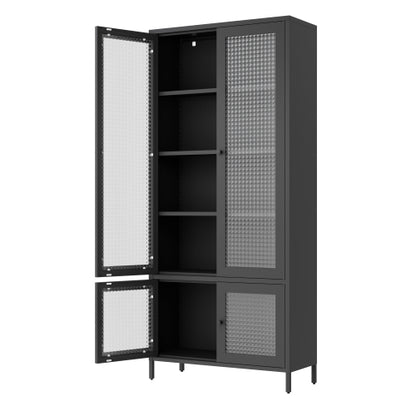 Black Waffle Tempered Glass Door Metal Display Cabinet Multi-layer Home Storage Rack