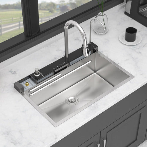 30" Kitchen Sink Waterfall Sink - 30 x 19 x 9 inch Multifunction Single Bowl 16 Gauge Stainless Steel Ledge Workstation Smart Top Mount Kitchen Sinks