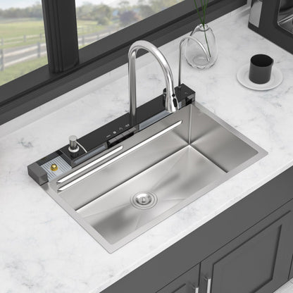 30" Kitchen Sink Waterfall Sink - 30 x 19 x 9 inch Multifunction Single Bowl 16 Gauge Stainless Steel Ledge Workstation Smart Top Mount Kitchen Sinks