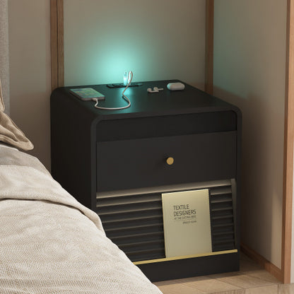 Black Smart Nightstand, Voice Control Night Light, Touch LED Strip & Charging Station