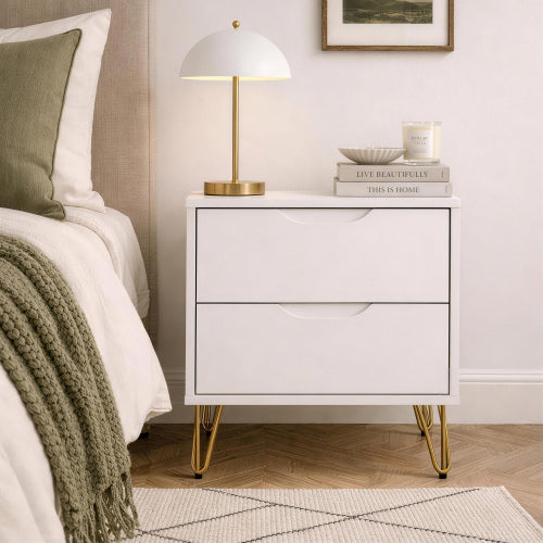 White Modern Nightstand, 2 Drawers & Metal Legs