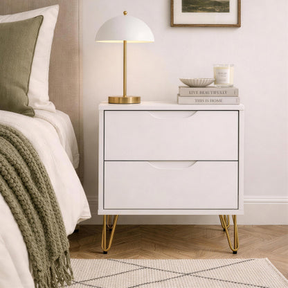 White Modern Nightstand, 2 Drawers & Metal Legs