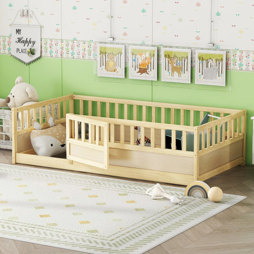 Twin Size Floor bed, integral construction with super high security barrier, door, children's floor bed frame, Montessori wooden children's floor bed,Natural Wood